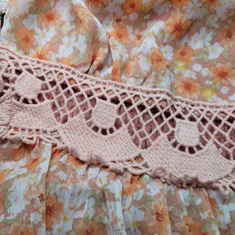 Almost Famous Floral Mini Dress Crochet Waist Ruffle Hem Sun Dress Boho Large - Picture 6 of 11